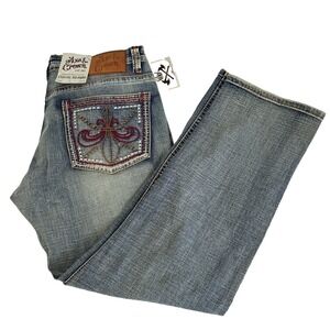 New Mens Axe & Crown Thick Stitch Embroidered Classic Straight Jeans Size 32x30